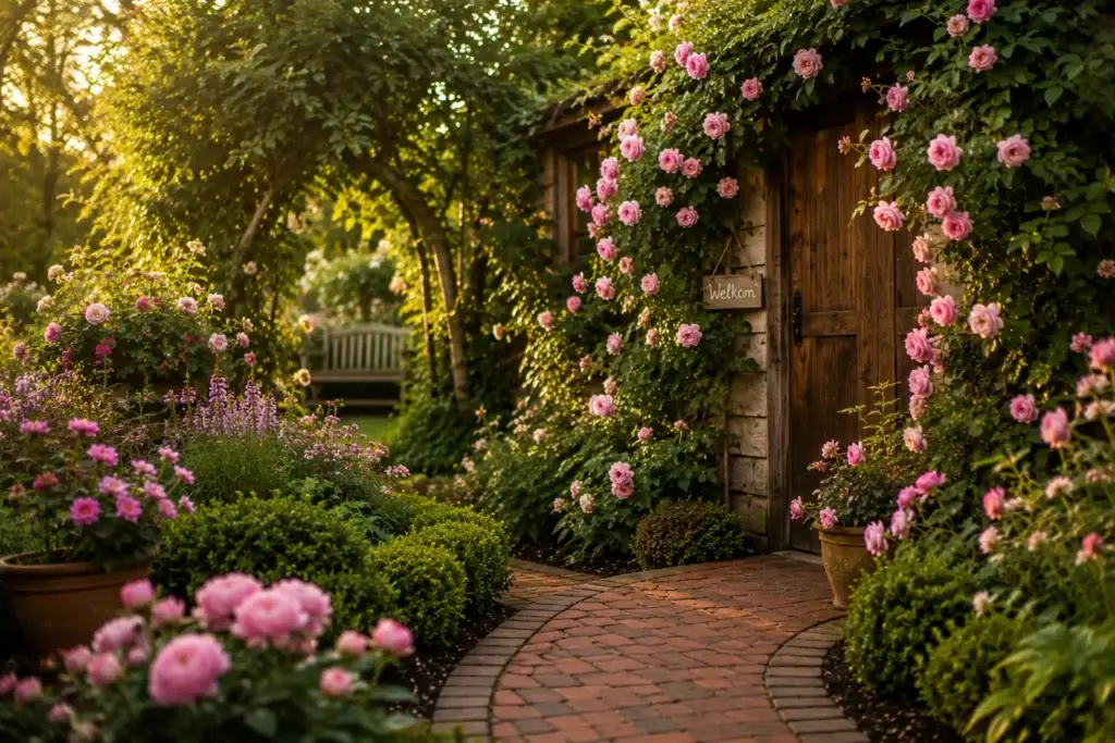 Bloeiende tuin met roze rozen, een houten tuinhuis en een beschut zitbankje in warm zonlicht.