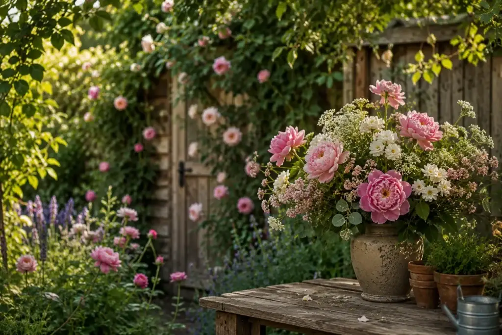 Groot boeket met roze en witte bloemen in een stenen vaas in een groene cottagetuin.