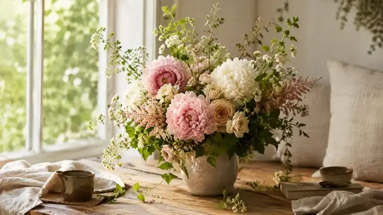 Sfeervol boeket met roze en witte bloemen in een keramische vaas bij een zonnig raam.