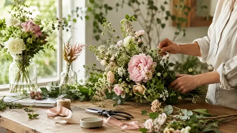 Bloemist schikt een weelderig boeket met roze en witte bloemen aan een houten werktafel.