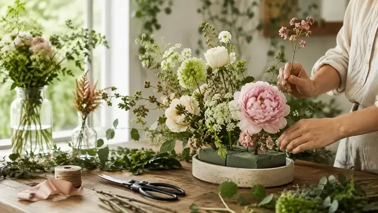 Bloemstuk met roze en witte bloemen wordt opgebouwd in steekschuim op een houten tafel.