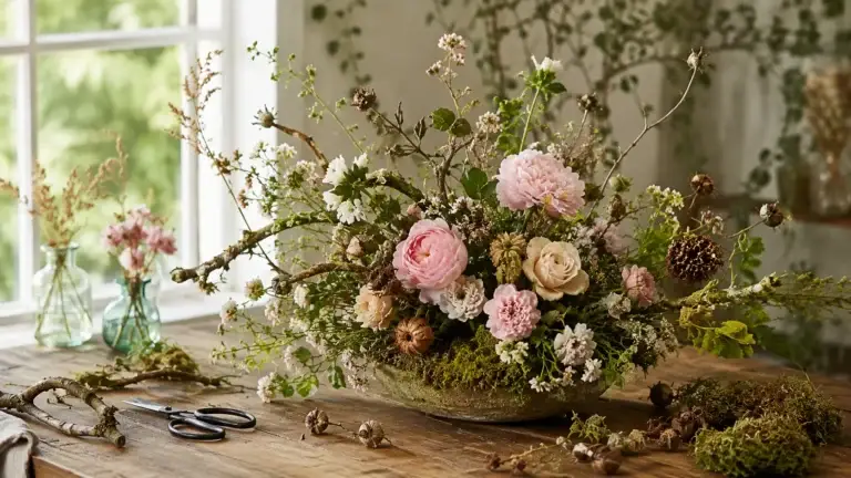 Natuurlijk bloemstuk met roze bloemen, takken, mos en gedroogde zaaddozen op een houten tafel.