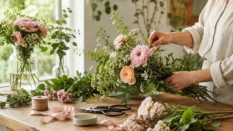 Handen binden een luchtig boeket met roze rozen, groen en kleine witte bloemen.