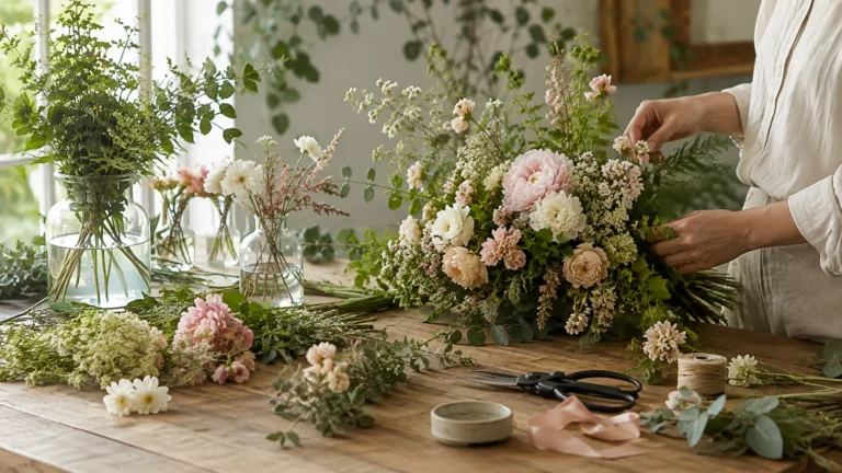 Handen maken een los veldboeket met roze bloemen, groen en fijne witte bloesems.