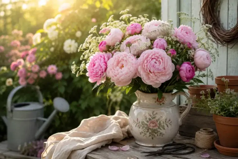 Roze pioenrozen met fijne witte bloemen in een decoratieve keramische kan op een houten tuintafel.