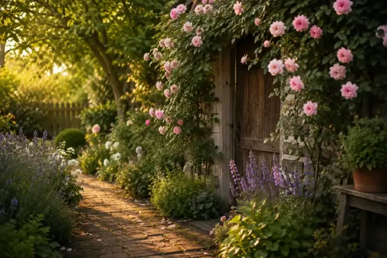 Romantische tuin met een bakstenen pad, houten deur en bloeiende roze klimrozen in avondlicht.