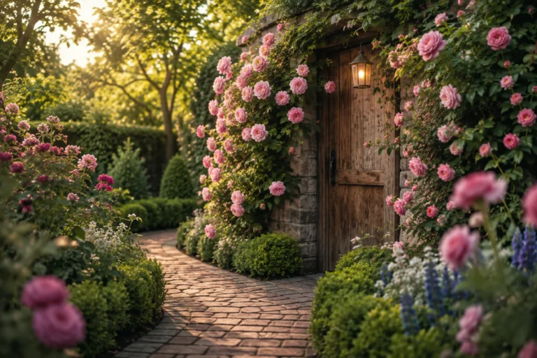 Kronkelend tuinpad langs een houten deur met roze klimrozen en groene buxusstruiken.
