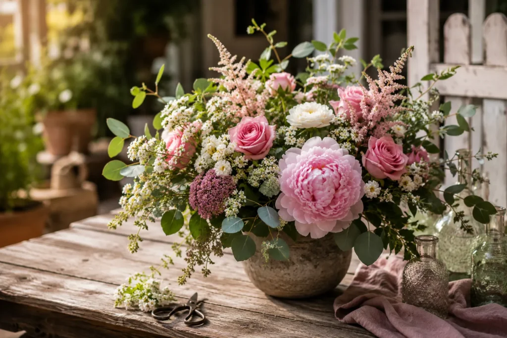 Weelderig veldboeket met roze rozen, pioenrozen en fijne witte bloemen op een rustieke buitentafel.